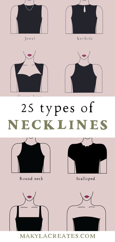 What are the different types of necklines, and what do you need to know about them? Here are 25 popular types of necklines you should know to feel confident in your clothing. Neck Shapes For Dress, Women Neckline Designs, Types Of Necklines For Women, Types Of Necklines Blouses, How To Draw Details On Clothes, Types Of Necklines Illustration, Different Necklines Blouses, Different Types Of Collars For Women, Dress Necklines Guide