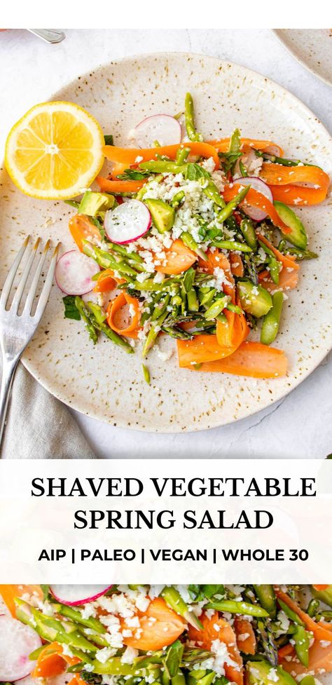 This Shaved Vegetable Spring Salad is filled with early Spring’s sweet delights including radishes, asparagus, carrots and avocado. This simple and delicious salad is AIP, paleo, vegan and can be easily made Whole30 compliant. #healmedelicious #aip #aiprecipes #paleorecipes #paleo #whole30 #whole30recipes #autoimmunedisease #aipdiet #autoimmunepaleo #aipprotocol #vegan #spring #springrecipes #springsalad #springdinnerideas #vegetablesalad #veganside Spring Paleo Recipes, Aip Vegetarian Recipes, Beltane 2024, Aip Appetizers, Aip Salads, Aip Lunch, Aip Sides, Asparagus Carrots, Wahls Diet