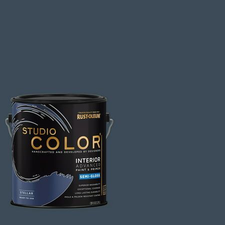 Stellar, Rust-Oleum Studio Color Interior + Primer Semi-Gloss Finish-361406, 2 Pack: Offers a curated collection of designer, pre-mixed colors that will make any space stunning. Paint rolls on smooth and delivers long-lasting durability, exceptional coverage and superior washability. The handcrafted color palette comes in three sheens: flat, eggshell and semi-gloss. Studio Color is perfect for homeowners looking for a dcor refresh and works well in high-traffic, family spaces. Studio Color  a pe Ocean Blue Paint Colors, Media Room Colors, Ocean Blue Paint, Walmart Paint, Blue Gray Paint Colors, Shades Of Dark Blue, Blue Gray Paint, Black Color Palette, Cabinet Paint Colors