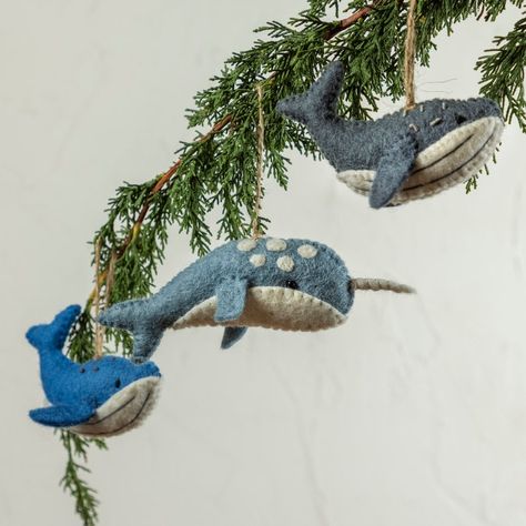 Blue whale + narwhal felt ornaments for a Coastal Christmas! Felt Whale, Whale Ornament, Grey Whale, Coastal Ornament, Whale Gift, Coastal Christmas Decor, Gray Whale, Beach Ornaments, Walnut Creek