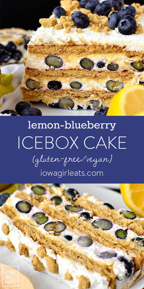 Lemon-Blueberry Icebox Cake is a sweet and refreshing gluten free dessert recipe that’s no-bake, vegan, and calls for just 4 ingredients. Perfect for any special occasion! | iowagirleats.com #glutenfree Desserts Recipes Easy, Lemon Lasagna, Lemon Icebox Cake, Vegan Lemon Curd, Icebox Cake Recipes, Lemon Curd Recipe, Gluten Free Kids, Iowa Girl Eats, Gluten Free Desserts Recipes