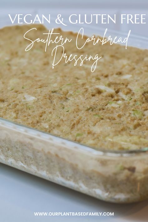 A delicious recipe for vegan and gluten free southern cornbread dressing. Made with cornbread, cream of celery, and fresh vegetables, this dish is sure to be a favorite for your next holiday celebration. #vegan #glutenfree #veganholiday #glutenfreeholiday #cornbreaddressing #veganthanksgiving #veganchristmas #glutenfreethanksgiving #glutenfreechristmas Southern Dressing Recipe, Gluten Free Cornbread Dressing, Gluten Free Dressing, Dairy Free Dressing, Vegan Gluten Free Dinner, Vegan Cornbread, Cornbread Dressing Southern, With Cornbread, Gluten Free Cornbread