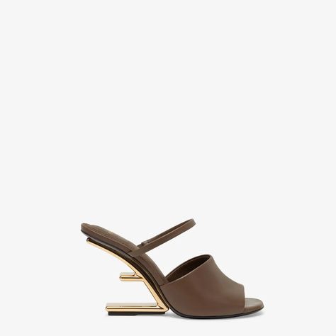 Brown leather high-heeled sandals - FENDI FIRST | Fendi Fendi First, Fendi Logo Design, Fendi Store, Leather Biker Boots, Fendi Logo, Leather High Heels, Yellow Leather, Footwear Design Women, Pink Leather