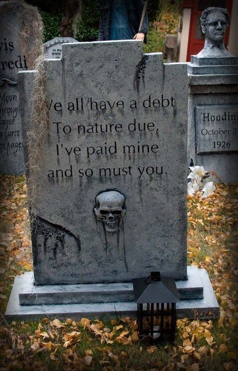 Via Bonni Lafferty Funny Tombstone Sayings, Halloween Tombstone Sayings, Tombstone Sayings, Halloween Headstone, Headstone Flowers, Halloween Gravestones, Cemetery Ideas, Gravesite Decorations, Grave Flowers