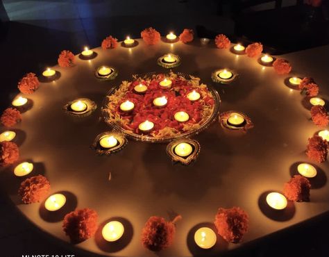 Simple Deepavali decoration with flowers and diyas Deepavali Decoration, Decoration With Flowers, Ornament Wreath, Flowers, Home Decor, Home Décor