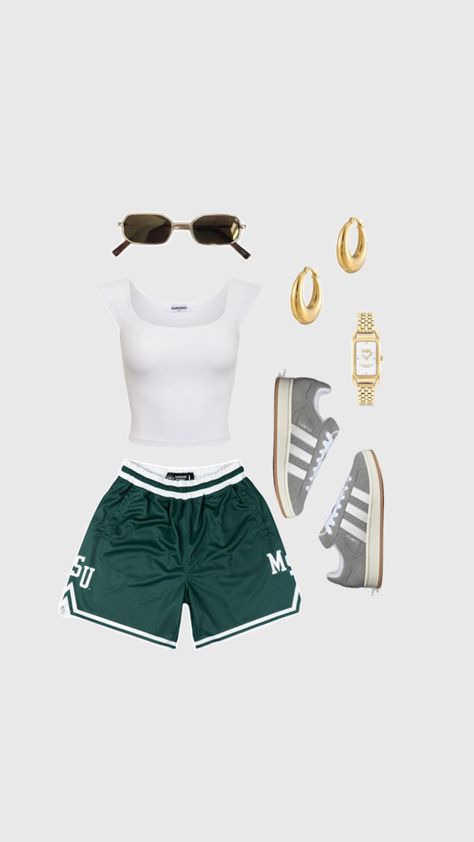 Michigan state Game-day outfit #gameday #outfitinspo #campus #adidas #msu #tailgateoutfit #college #collegeoutfit Miami Game Day Outfit, Game Day Outfit Orange, Tulane Game Day Outfit, Trendy Gameday Outfit, Michigan State Tailgate Outfits, Msu Game Day Outfit, Green Gameday Outfit, Michigan State Game Day Outfit, Msu Tailgate Outfit