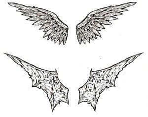 Angel and Demon Wing Tattoo Designs Demon Wings Tattoo, Bat Wings Tattoo, Angel Demon Tattoo, Wings Tattoo Design, Tattoos On Back, Music Notes Tattoo, Tattoo On Back, Demon Wings, Tattoo Patterns