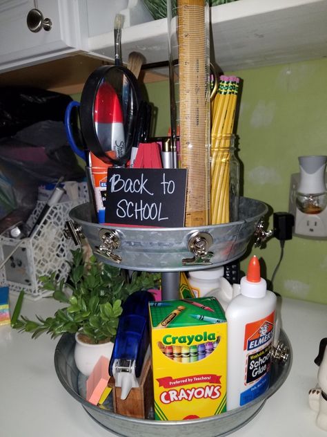 Back to School tiered tray Back To School Tiered Tray Decor, Cafe Classroom, Galvanized Tiered Tray, School Table, Back To School Breakfast, Summertime Decor, Summer Table Decorations, Galvanized Tray, School Tables