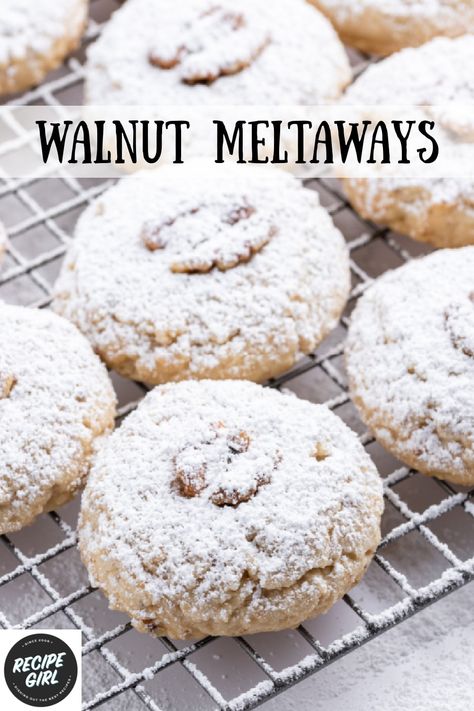 Italian Walnut Pillow Cookies, Easy Walnut Cookie Recipes, Walnut Christmas Cookies, Walnut Cookies Christmas, Meltaways Cookies, Walnut Shortbread Cookies, Cookies Walnut, Walnut Cookies Recipe, Cookies With Walnuts