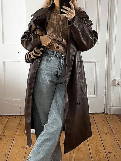 OUTERWEAR – Page 13 – AnotherChill Brown Leather Coat Outfit Women, Celana Kargo, Suede Outfit, Retro Coat, Long Leather Coat, Long Coat Women, Pu Leather Jacket, Leather Jacket Outfits, Maxi Coat