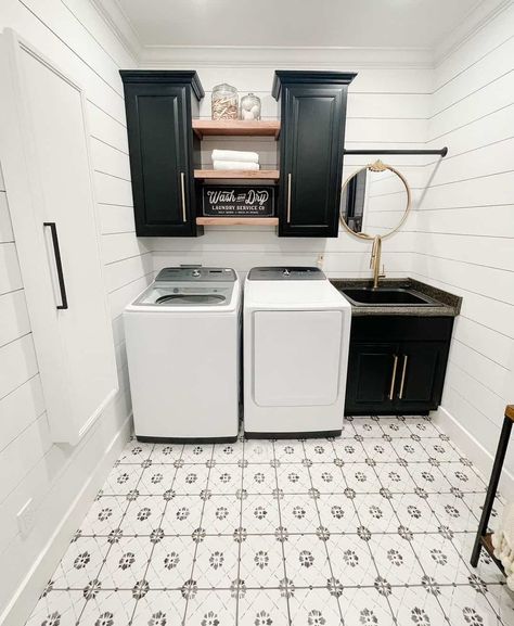 Small Laundry Room Black Cabinets, Black White And Grey Laundry Room, Laundry Room With Mirror, Black Cabinet Laundry Room Ideas, Black Utility Sink In Laundry Room, Black And Gold Laundry Room Ideas, Black Cabinet Laundry Room, Black And Gold Laundry Room, Black Cabinets Laundry Room