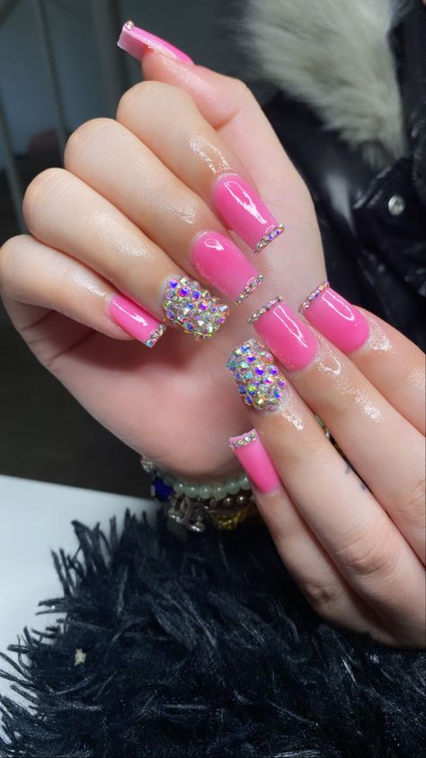 Pink Capricorn Nails, Short Acrylic Nails Black And Pink, Pink And Black Nails Short Square, Pink And Black Nails With Rhinestones, Pink And Black Nails With Charms, Pink Ideas, Black Manicure, May Nails, Black Acrylic Nails