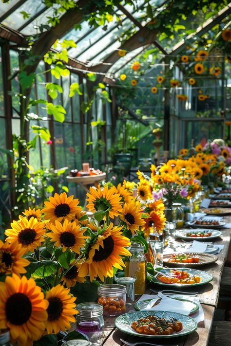 Birthday Party Greenhouse - Inspirations - TastyInteriors Greenhouse Dinner Table, Greenhouse Party Ideas, Greenhouse Dinner Party, Greenhouse Party, Greenhouse Dining Room, Greenhouse Dining, Outdoor Greenhouse, Yellow Party, Hydrangea Arrangements