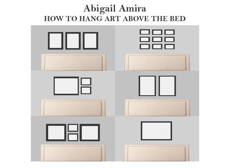 How to hang art above the bed. www.abigailamira.com Hanging Frames Above Bed, 3 Pictures Above Queen Bed, Pictures Above Queen Bed, Bed Wall Frame Ideas, Photos Above Headboard, Wall Art King Size Bed, Two Photos Above Bed, How To Style Above Bed, Pictures Above King Size Bed