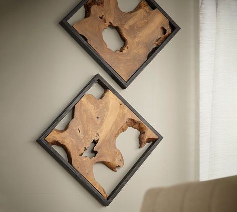 Dimensional Art | Pottery Barn Wood Art Design, Into The Wood, Teak Wall, Teak Frame, Mirror Wall Art, Ikea Hacks, Wooden Furniture, Vintage Modern, Diy Wood Projects