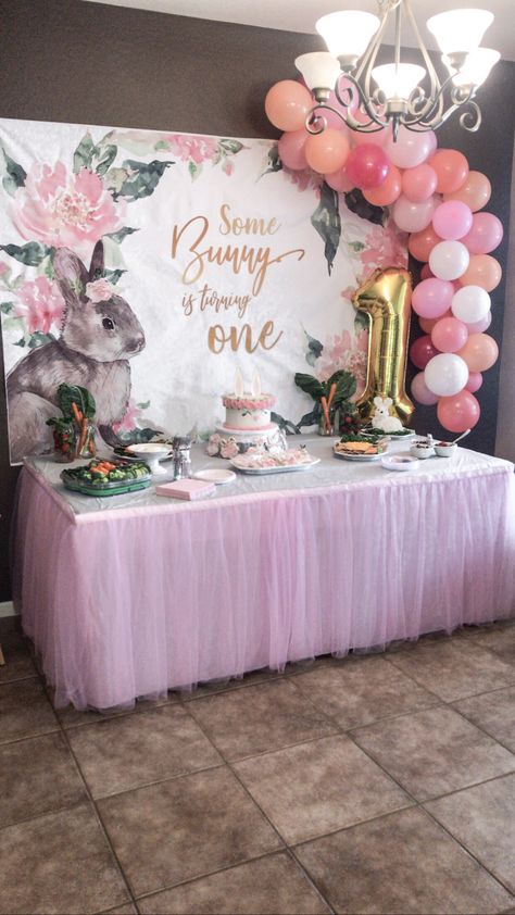 1st Birthday Party Buffet Table Inspiration Tutu First Birthday Party, Spring Theme 1st Birthday Party, 1st Birthday Party Set Up Ideas, Bunny 1st Birthday Party, Easter 1st Birthday Party Girl, Easter Themed First Birthday Party, Baby Girl Birthday Party, Bunny 1st Birthday, First Birthday Bunny Theme