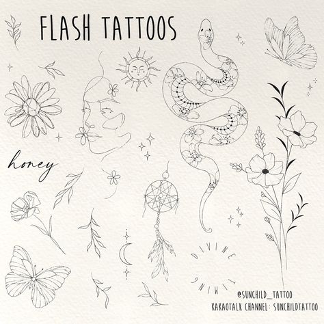 Tiny Flash Tattoo Sheet, Classy Patchwork Tattoo, Floral Tattoo Flash Sheet, Flash Design Tattoo, Unique Fineline Tattoo, Small Tattoos Patchwork, Cute Line Work Tattoos, Patchwork Flash Sheet, Sunchild Tattoo