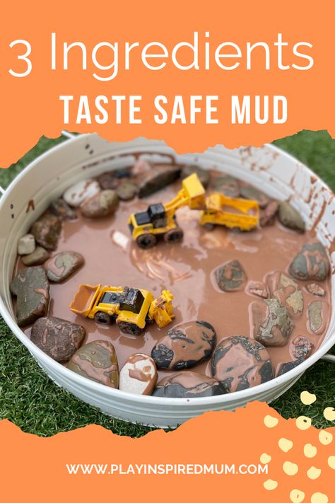 Toy construction trucks with fake taste safe mud and pebbles Taste Safe Mud Sensory, Taste Safe Mud Recipe, Messy Play Birthday Party Ideas, Simple Messy Play Ideas, Outside Messy Play, Messy Play Outdoors, Sensory Mud Recipe, Edible Mud Sensory Play, Mud Activities For Toddlers