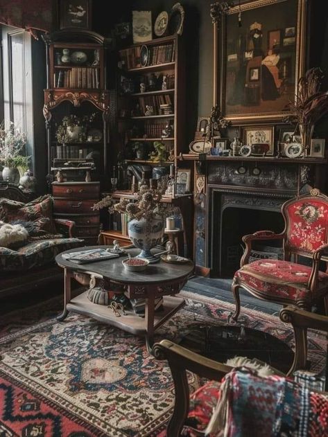 Bungalow Interior Ideas, Cabin Restoration, Vintage Bedroom Aesthetic, Dark Maximalism, Dark Academia Interior, Library Corner, Dark Cottagecore Decor, Gothic Living Room, Victorian Conservatory