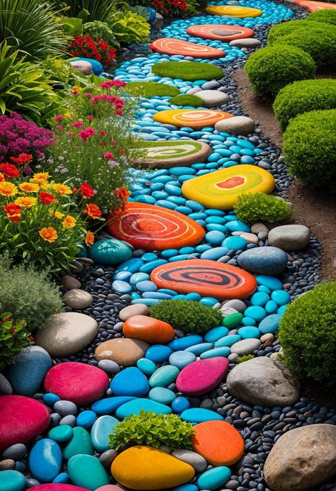 Colorful Yard Decor, Small School Garden Ideas, Garden Rock Art Ideas Yards, Colorful Rock Garden, Painted Rock Pathway, Fun Flower Bed Ideas, Funky Outdoor Spaces, How To Design A Flower Garden, Rock Flowers In Garden