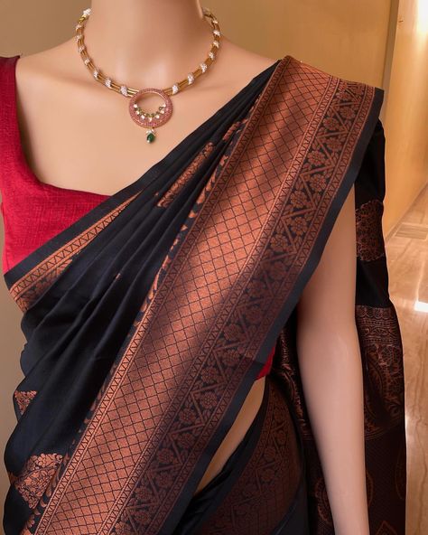 Www.Thejacouture.in > Art silk Brocade sarees > Black Art silk saree. . Black Art silk saree with copper zari design all over saree. Comes with black blouse piece. Saree height: 47 inches. Saree length: 5.5 meters. Blouse: 80cm . Priced: 1700/- INR Dry clean. . Jewellery collaboration: Neckpiece: @sruthis_jewellery . #black #blacksaree #sareelove #india #sareeinspiration #indianwear #traditional #sareeday #indianwedding #sareestyle #instagood #sareecollection #sareelovers #sareedrapi... Jewellery For Copper Zari Saree, South Saree, Black Silk Saree, Sarees Black, Indian Fits, Saree Black, Brocade Saree, Saree Wearing, Saree Wearing Styles