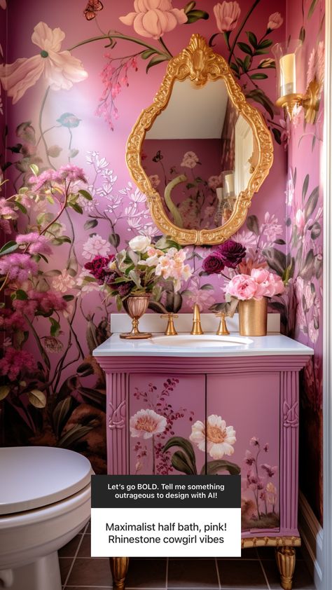 maximalist pink half bath Maximalist Powder Room, Fancy Tile, Small Half Bathroom, Modern Tile Designs, Half Bathroom Decor, Guest Bathroom Decor, Small Toilet Room, Inspired Interiors, Bathroom Tile Designs