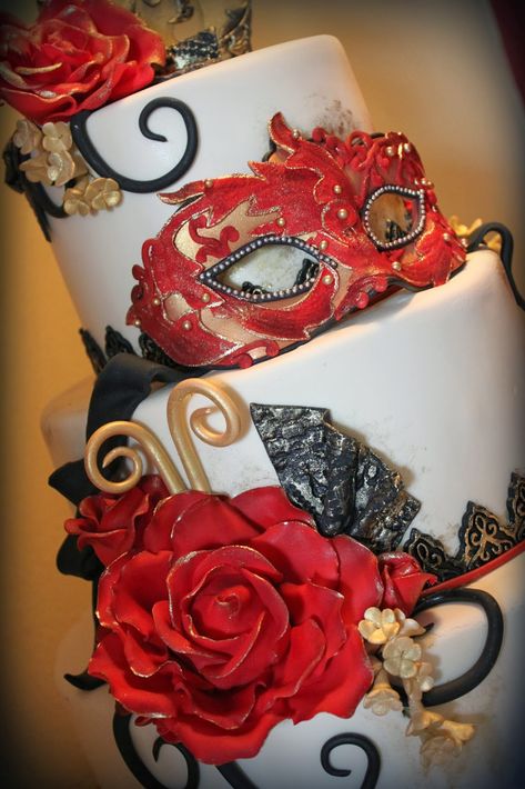 Red,black and gold masquerade cake Classy Romance, Masquerade Cake, Sweet 16 Masquerade Party, Mascarade Party, Masquerade Cakes, Mardi Gras Cake, Masquerade Party Decorations, Masquerade Ball Party, Masquerade Theme