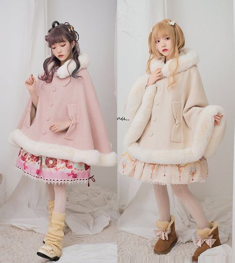 Kawaii Winter Coat, Winter Outfits Art, Cute Winter Clothes Aesthetic, Kawaii Winter Clothes, Princess Winter Outfits, Winter Outfits Anime, Anime Winter Outfit, Winter Cape Outfit, Winter Kawaii Outfits