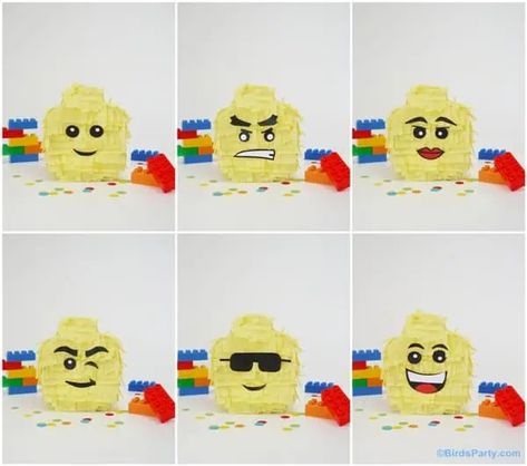 DIY Lego Head Pinata Template {instructions} – Tip Junkie Lego Party Ideas, Lego Pinata, Dessert Table Birthday, Lego Head, Diy Lego, Lego Diy, Bird Party, Lego Cake, Lego Birthday Party