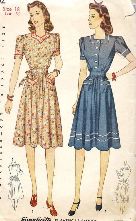 1940s Misses Dress Vintage Sewing Pattern day dress casual floral red white pink blue war era WWII color illustration fashion style house wife looks: Fashion 1940s, Robes Vintage, Vintage Dress Patterns, 40s Fashion, 1940s Dresses, Miss Dress, Vintage Spring, 1940s Fashion, Moda Vintage