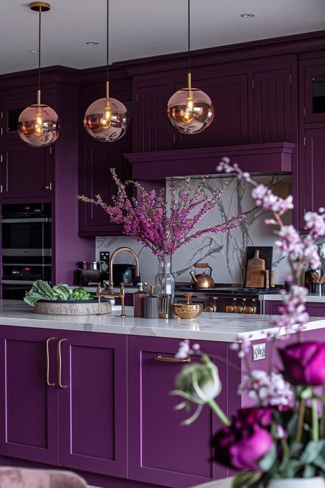 Purple Kitchen Decor - Inspiring Ideas for Your Home Purple Cabinets Kitchen, Small Playhouse Interior, Purple Kitchen Ideas, Playhouse Interior Ideas, Purple Kitchen Cabinets, Purple Kitchen Designs, Lilac Kitchen, Purple Kitchen Decor, Violet Kitchen