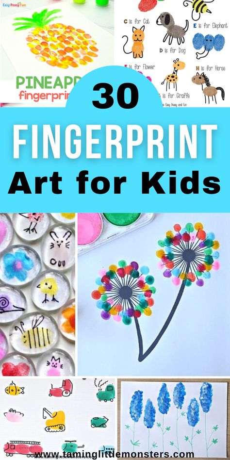 30 Ways to Make Fingerprint Art for Kids - Taming Little Monsters Thumbprint Art For Kids Thumb Prints, Fingerprint Stamp Art, Easter Thumbprint Art, Fingerprint Mothers Day Crafts For Kids, Finger Print Animals For Kids, Kindergarten Fingerprint Art, Flower Thumbprint Art, Fingerprint Letter Art, Fingerprint Animals For Kids