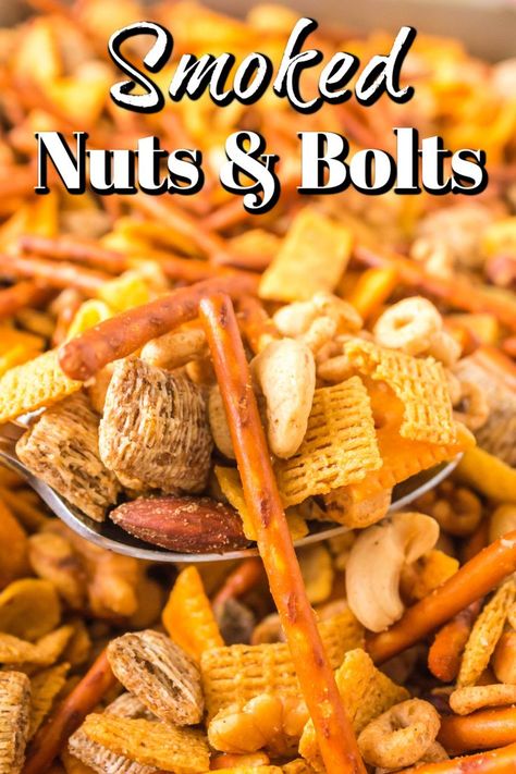 This recipe for Smoked Mixed Nuts and Bolts is one of the best snacks or munchies recipe out there! Always a favorite at any gathering! Spicy Nuts And Bolts Recipe, Nuts And Bolts Recipe, Pk Grill, Munchies Recipes, Family Friendly Breakfast, Spicy Nuts, The Best Snacks, Best Snacks, Christmas Food Gifts