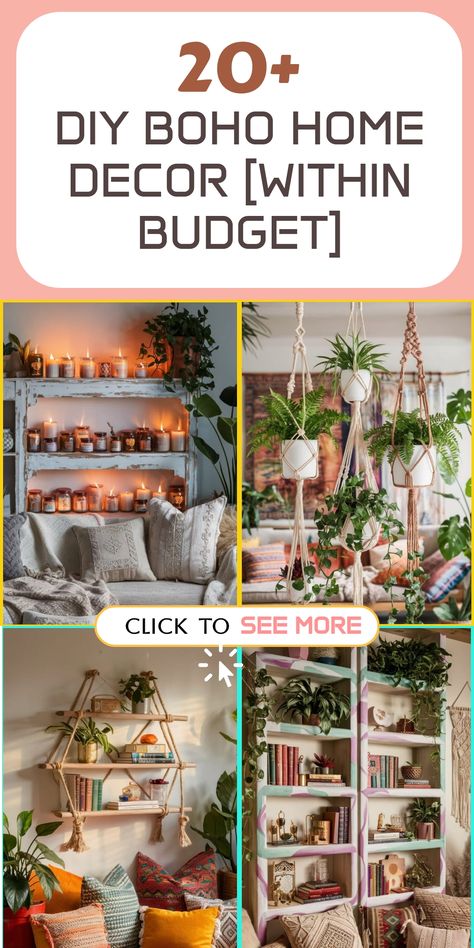 Discover affordable DIY decor ideas to introduce the bohemian spirit into your living space. Embrace eclectic charm with unique projects like macramé wall hangings, colorful tapestries, and vibrant plant hangers. Infuse your home with boho style without overspending, allowing you to unleash your creativity while staying within budget. Create a warm and welcoming ambiance that mirrors your free-spirited nature through these simple yet stunning decor pieces. Enjoy crafting a cozy environment that Boho Thrift Decor, Diy Bohemian Decor Crafts, Cheap Boho Decor Ideas, Boho Decor Diy Bohemian Homes, Diy Boho Home Decor, Boho Crafts Diy Decor, Jungalow Decor, Thrift Decor, Boho House Decor