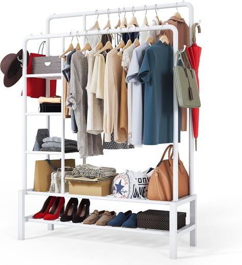 KLASS Heavy Duty Clothes Rail, Sturdy 120KG WHITE Metal Clothes Rack With Double Hanging Clothing Rail, Shoe Rack, Storage Shelves & 4 Coat Hooks, Freestanding Clothes Rails For Bedroom, Office, Shop Shoe Rack Shelves, Temporary Wardrobe, Clothes Rail With Shelves, Double Clothes, Coat Hanger Stand, Hanging Clothes Rail, Shoe Stand, Metal Clothes Rack, Shoe Rack With Shelf