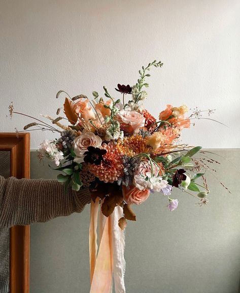 Wedding Florals Earth Tones, Big Fall Wedding Bouquets, Sage And Terracotta Bouquet, Terracotta Florals Wedding, Muted Fall Bouquet, Anemone Wedding Bouquet Fall, Autumn Wedding Floral Arrangements, Whimsical Bridal Bouquet Fall, Terracotta Bride Bouquet