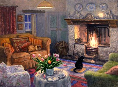 Illustration Photo, Interior Illustration, Cottage Art, Cottage Interiors, Thomas Kinkade, The Fireplace, Art Et Illustration, Pics Art, Lake District