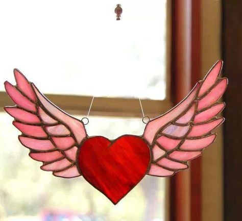 wings Heart Motorcycle, Stained Glass Tattoo, Flying Heart, Stained Glass Heart, Winged Heart, Stained Glass Angel, Stained Glass Decor, Stained Glass Window Hanging, Stained Glass Suncatchers