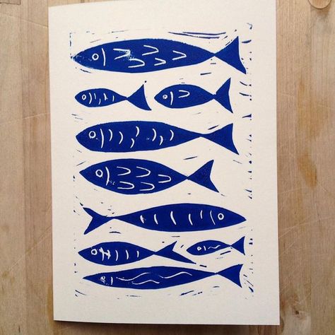 Lino Fish Prints, Blue Fish Painting, Fish Drawing Abstract, Linocut For Beginners, Linocut Fish Print, Beginner Linocut Designs, Blue Fish Drawing, Fish Lino Print, Fish Printmaking