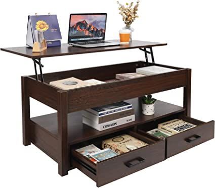 ALAPUR Lift Top Coffee Table with Drawers and Hidden Compartment, Lift Tabletop with Storage Shelf, Rising Tabletop Dining Table for Living Room, Espresso Coffee Table With Hidden Storage, Lift Coffee Table, Coffee Table With Drawers, Sofa End Tables, Lift Top Coffee Table, Nesting Coffee Tables, Furniture Deals, Living Room Coffee Table, Coffee Table With Storage