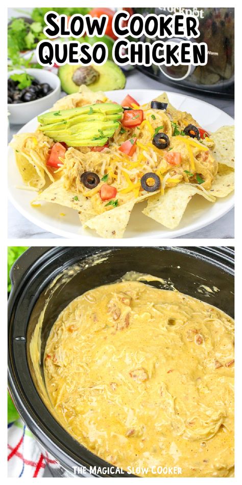 Classic pantry favorites come together to create a queso chicken that you and your family will enjoy. This recipe has all the Mexican flavors of taco seasoning, Rotel, and salsa con queso. Whether you're looking for an easy weeknight meal or a dish for game day, you'll want to add this to your meal plan! - The Magical Slow Cooker Slow Cooker Queso Chicken, Slow Cooker Queso, 2023 Meals, Crockpot Mexican, Queso Chicken, Mexican Dinners, Crockpot Meat, Magical Slow Cooker, Mexican Flavors