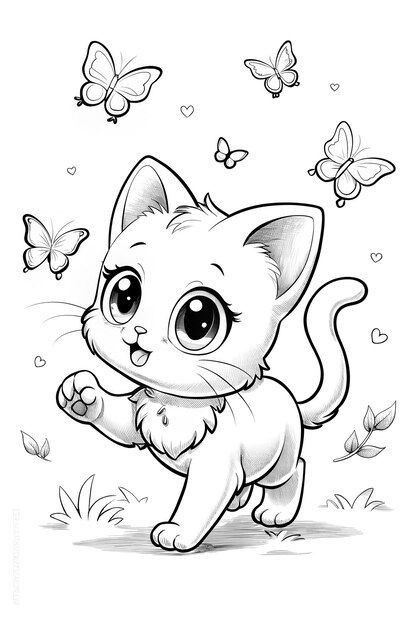 Art For Coloring Anime, Hd Coloring Pages, Wallpapers Duck, Catching Butterflies, Coloring Anime, Anime Kitten, Cat Coloring Book, Bible Verse Coloring, Cartoon Coloring