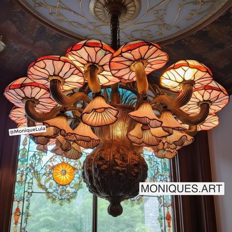 Monique Lula Mushroom Core, Monique Lula, Library Cafe, Stained Glass Chandelier, I Love Lamp, Mushroom House, Glass Mushrooms, Stained Glass Lamps, Mushroom Lamp