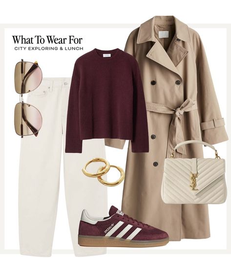 Red And Cream Outfit, Ivory Jeans Outfit, Cold Weather Work Outfit, Burgundy Dress Outfit, Trench Outfit, Winter Sweater Outfits, Looks Jeans, Color Outfits, Burgundy Outfit