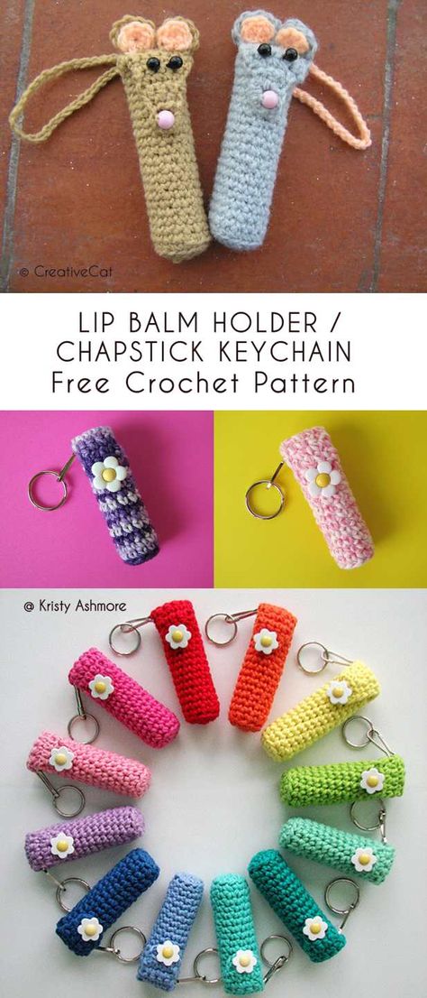 Lip Balm Holder Keychain Free Crochet Pattern Lip Balm Cozy Free Pattern, Crochet Keychain Cozy, Keychain Knitting Pattern, Crochet Key Chains Free Pattern Simple, Crocheted Keychain Patterns, Crochet Keychain Charms, Crochet Chapstick Holder Pattern Free, Crochet Key Chains Free Pattern, Small Crochet Gifts Free Pattern