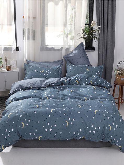 Moon & Star Print Sheet Set | SHEIN Pink Bedding Set, King Size Comforter Sets, Bed Cover Sets, Kids Duvet, King Size Comforters, Cartoon Cow, Dekorasi Kamar Tidur, Twin Bed Sets, Pink Bedding