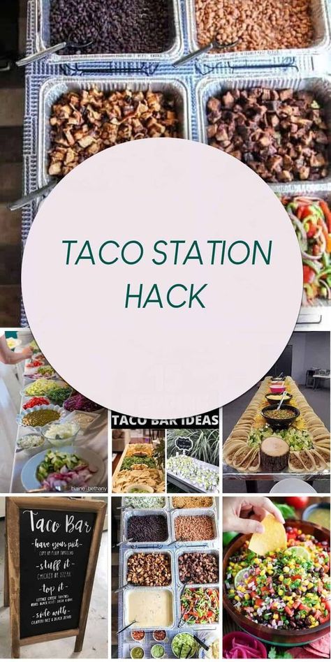 Treat your guests to a delicious taco bar with these creative ideas that add a fun twist to your reception! Walking Tacos Buffet, Taco Bar For 20 People, Taco Fixings Bar, Mini Taco Bar Ideas, Street Tacos Party Set Up, Setting Up A Taco Bar, Mexican Street Corn Bar Ideas, Nacho Bar For Large Crowd, Taco Salad Party Bar