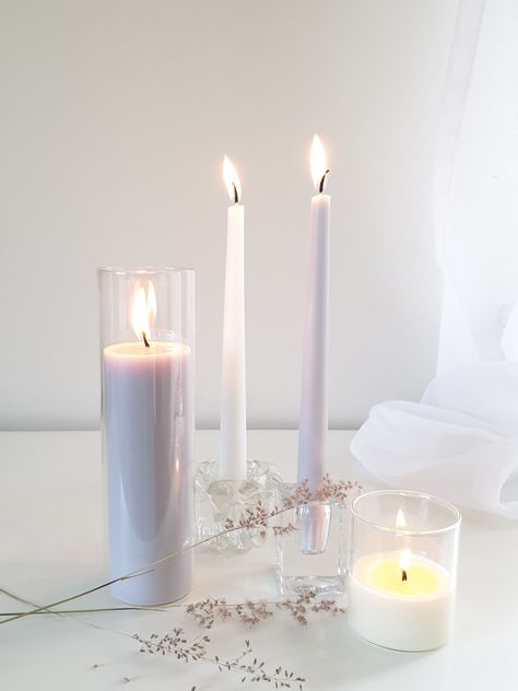 Lilac Candle, Lilac Candles, Blue Taper Candles, Candle In Glass, Southern Lights, White Pillar Candles, Coloured Candles, Glass Cube, Taper Candle Holders