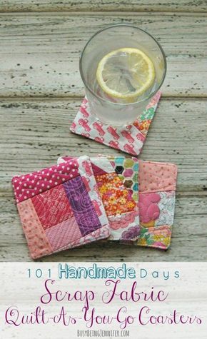 DIY Scrap Quilt-As-You-Go Coasters #101handmadedays - BusyBeingJennifer.com #101HandmadeDays Quilted Coasters, Mug Rug Patterns, Quilted Gifts, Quilt As You Go, Fabric Coasters, Scrap Fabric, Scrappy Quilt, Diy Coasters, Diy Quilt