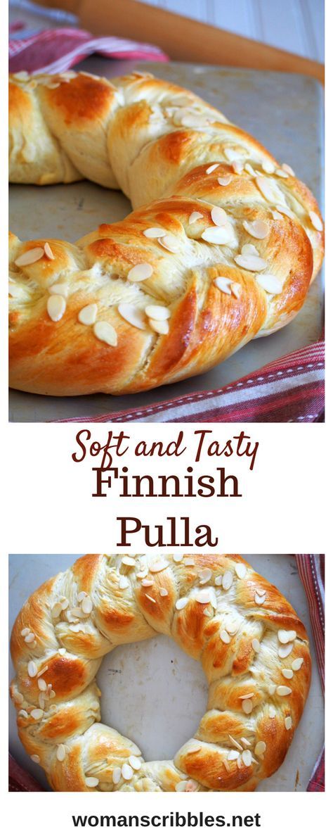 Finnish Pulla is a celebration bread braided beautifully like a wreath. It gets its nice flavor from the cardamom and it is adorned with crunchy almonds as finishing on top. #pulla #bread Bread Braid, Finnish Recipes, Braided Bread, Breakfast Bread, Scandinavian Food, Swedish Recipes, Braid Ideas, Dessert Bread, Bread And Pastries